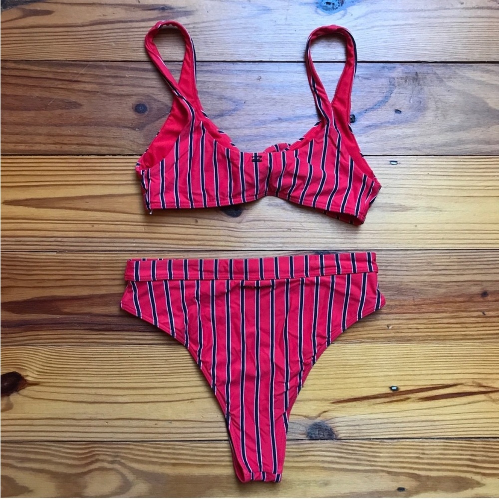 Billabong Red Blue Striped High Waist Bikini, EUC, S